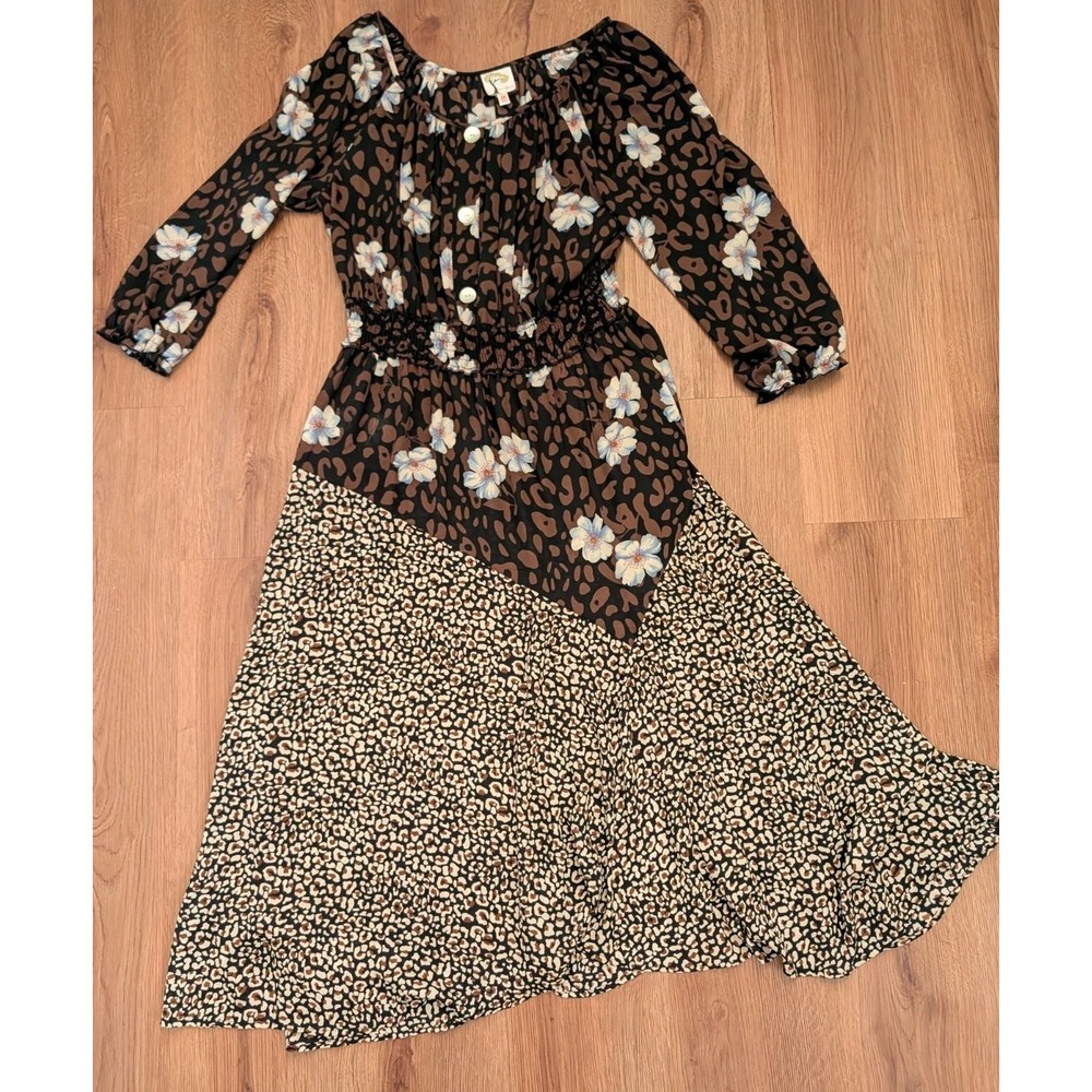 Fig&Flower Brown Floral‎ Animal Print Sheer Dress Size M Boho Maximalism